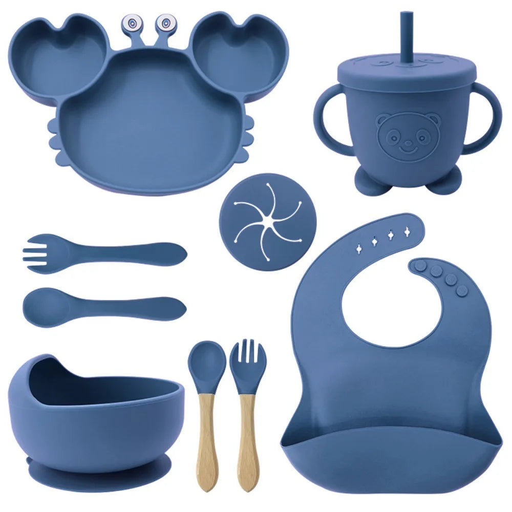 Baby Feeding Set 9PCS Silicone Crab Bowl Plate Spoon Fork Toddler Tableware Kids Dish Infant Utensils