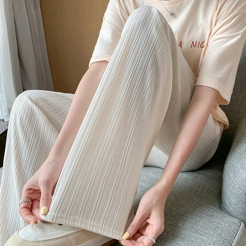 Korea Dongdaemun Ice Silk Wide-leg Pants Women's Thin Slimming Floor Pants White Striped Pants Y2K Fashion Pants Baggy (Available)