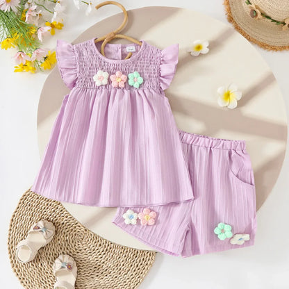 Children's Clothing Sets Small Flower Sleeveless Top + Bow Shorts 2pcs Sets Toddler Girl Clothes Kids Boutique Clothes