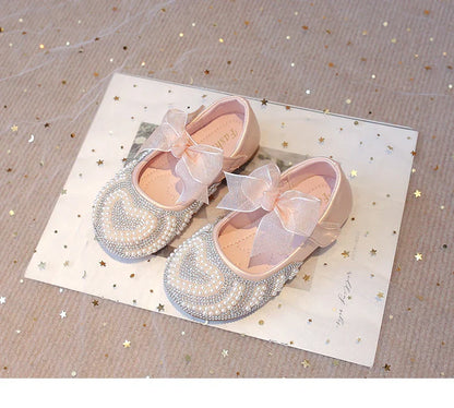 Girls Rhinestone Shoes with Big Heart Pearl Lace Bowtie Fashion Princess Sweet Kids Dress Flats for Wedding Party Chic Elegant