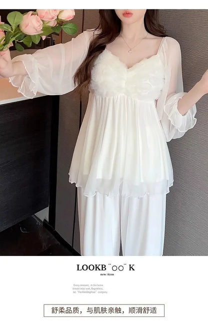 New Hot Luxury Elegant Long Sleeve Pajamas Set With Padded Bra Mesh Plus Size Women For Home Spring Autumn Summer Loungewear