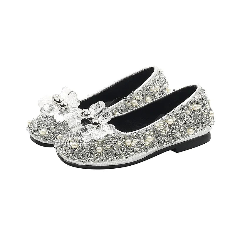 Children's Shoe for Girl Fashion Rhinestone Kids Leather Shoes Sequins Princess Ballet Slip-on Versatile Toddler Casual Shoes