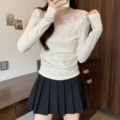 Sexy Patchwork Slim T Shirts Spring Autumn New Long Sleeve Off Shoulder Solid Temperament Tops High Street Fashion Women Clothes
