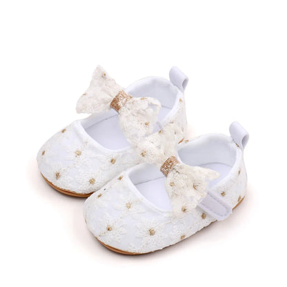 Newborn Baby Girls Mary Jane Flats Cute Bowknot Wedding Dress Shoes Non-Slip First Walkers Embroidery Flower Soft Shoes