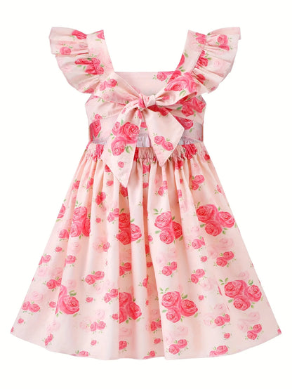 Girls Rose Print Dress Ruffled Flutter Sleeve Back Bow Design Pink Floral Party Dress for Toddler Kids Casual Outdoor Outfit