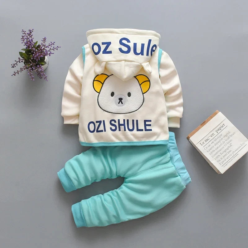 Baby Hooded Tracksuit Set with hooded vest, long sleeve T-shirt, and pants for baby boys and girls