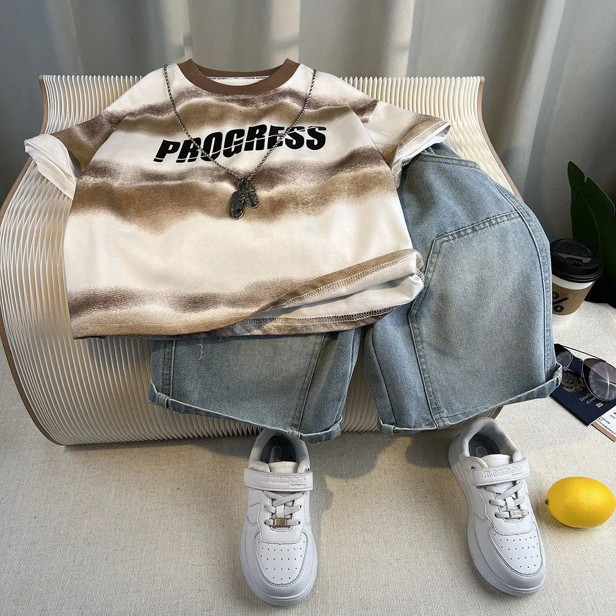 Korean Children's Summer Clothes Kids Set Outfits Boys 2025 Handsome Sleeveless&Short Sleeved T-shirt Denim Shorts 2-piece Set