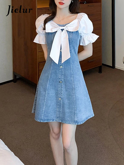 Jielur Korean Dress for Women Fashion Square Collar Puff Sleeve Sweet Bow Robe Femme Patchwork Tunic Denim Dress