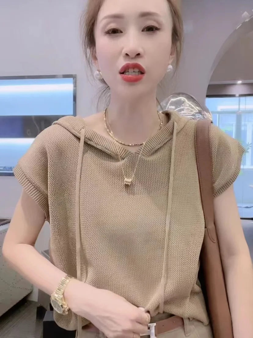 Hooded Knitted Ice Silk ort Sve T-irt Casual Versatile Retro Women's Summer Faion Top Breathable Comfortable round Ne