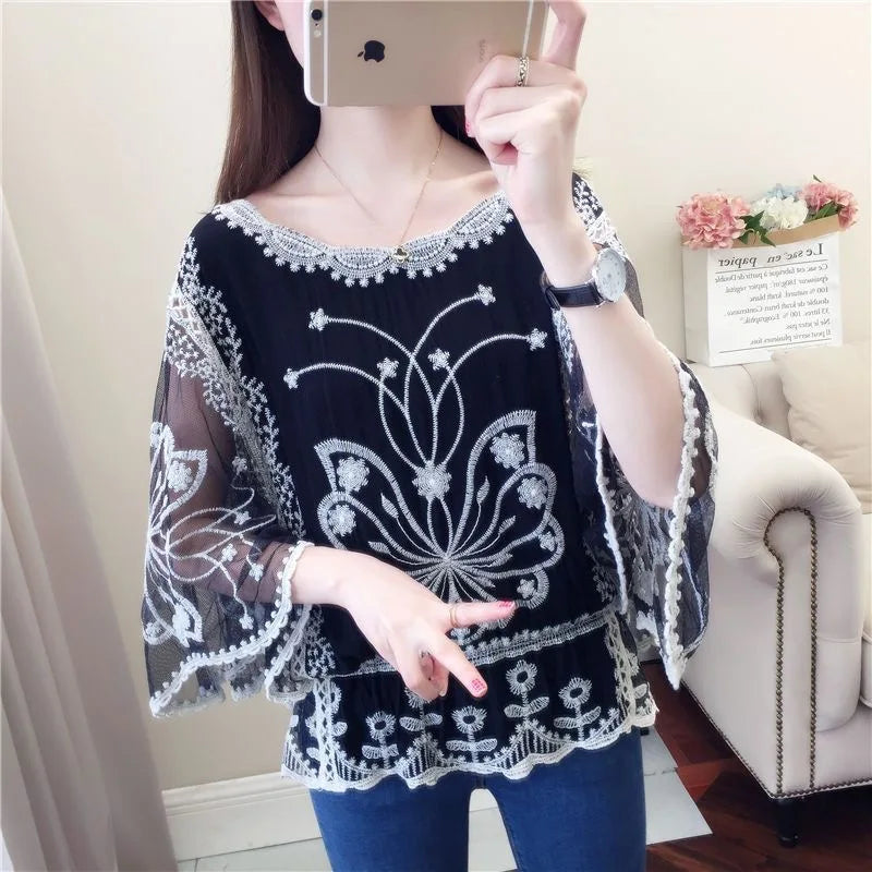 TingYiLi Batwing Sleeve Hollow Out Embroidery Cotton Top Women Summer Black White Lace Short Blouses Vintage Sweet Boho Top