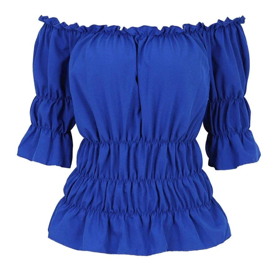 Women Renaissance Peasant Blouse Peplum Top Ruffle Sleeve Off-Shoulder Shirts 3/4 Sleeve Elastic Waist