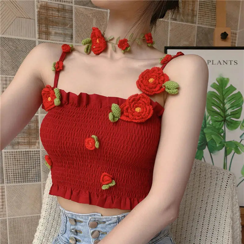 Camis Women 3D Decoration Patchwork Crop Top Slim Design Retro Classic Sexy Basic Korean Style Ulzzang Ins Holiday College Young