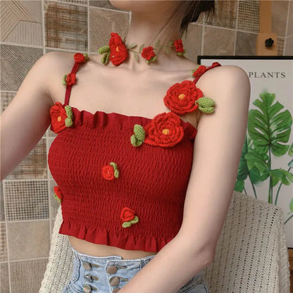 Camis Women 3D Decoration Patchwork Crop Top Slim Design Retro Classic Sexy Basic Korean Style Ulzzang Ins Holiday College Young