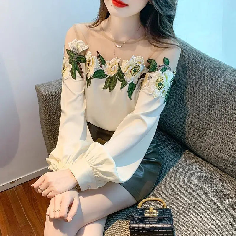 Fashion Women's Blouse Shirt Patchwork Long Sleeve Mesh Perspective Embroidered Flowers Chiffon Shirt Sexy Apricot Floral Shirt
