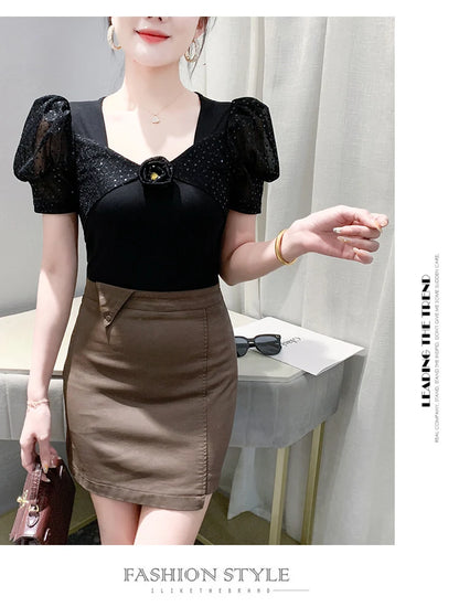 Women's Chic Youthful Square Neck Puff Sleeve T-Shirt Shimmery Floral Summer Blouse  Slim Fit Trendy Top