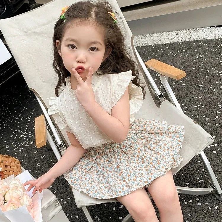 Girls' Set Summer New Children's Summer Dress, Baby Girl's Elegant Thin Fashion Children's Skirt Two Piece Set