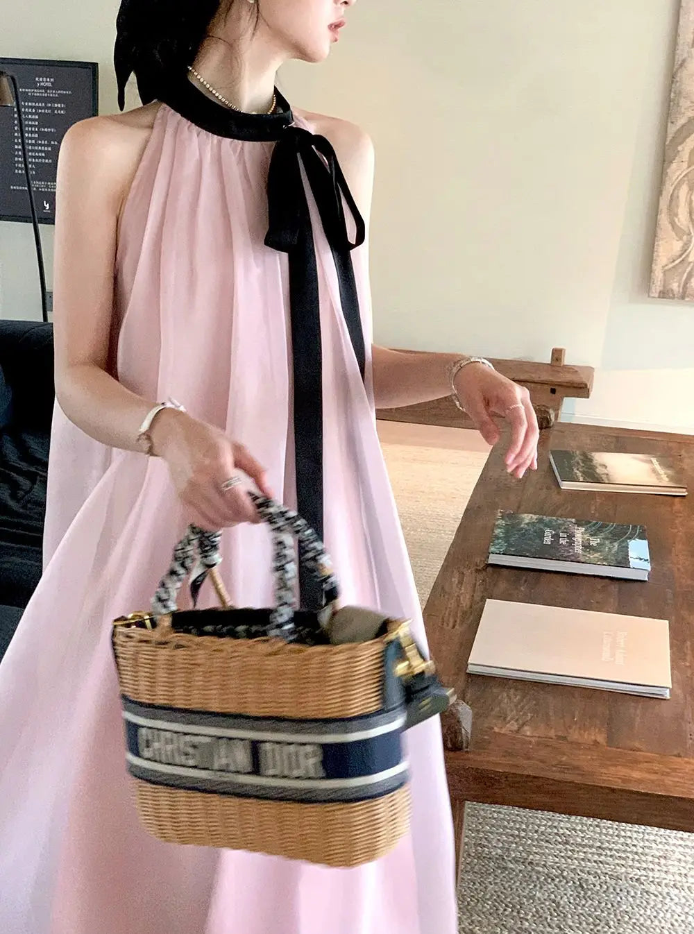 Women's Pink Halter Neck Maxi Dress With Black Bow Detail Sheer Chiffon Flowy Resort Party Dress