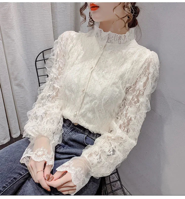 Blouse Women Shirt Lace Long Sleeve Women's Clothing Spring Lantern Sleeve Stand Collar Cardigan Top Blusas Mujer De Moda
