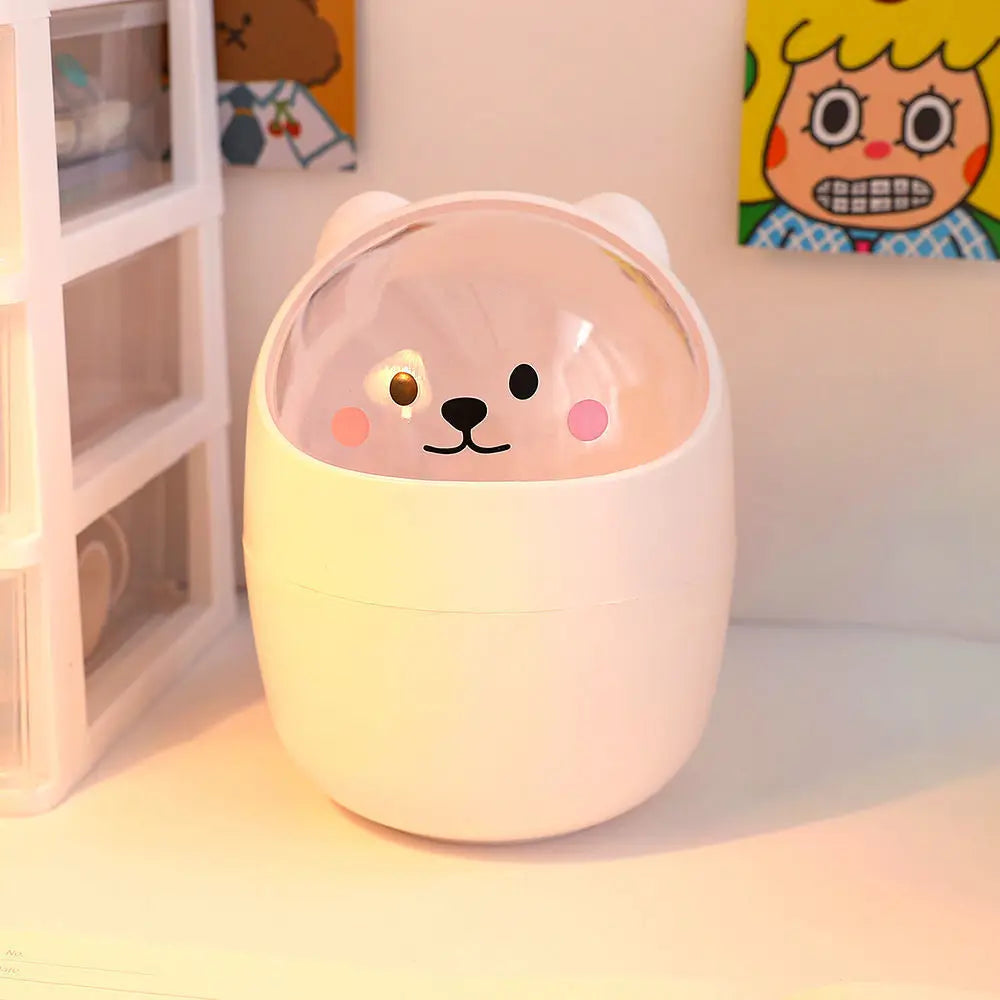 Mini Desktop Trash Can Organizer Cute Bear Multifunction Creative Cosmetic Bucket with Lid Pen Holder Kawaii Stickers Patchers