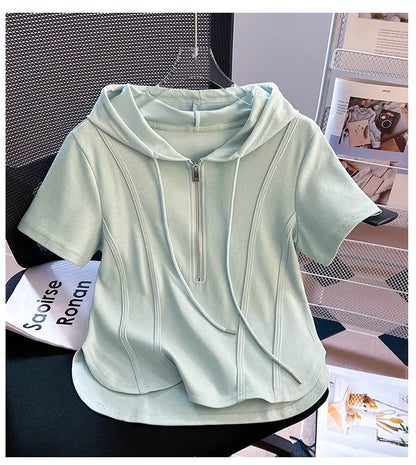 Summer New Women's Zipper Hoodie ort Sve T-irt Pure Cotton Slim Fit ort Fibone Top Korean Sle Commute Faion