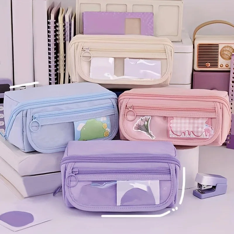 Large Capacity Pencil Case Organizer - Multi-Compartment Desktop Storage for School & Office Supplies ( Pink/Purple/Black)