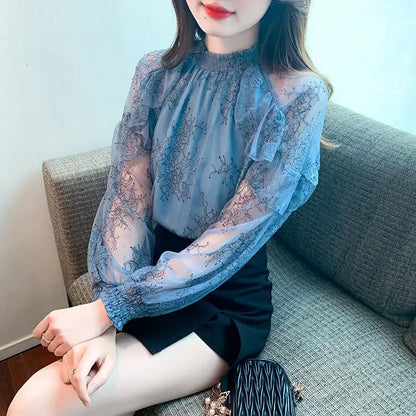 Chiffon Women's Shirt and Blouse Lace Flowers Luxury Designer Youthful Woman Clothes Vintage Clothing Female Tops Trend 2025 New