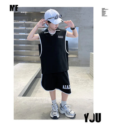 Boys Clothing Set American Style Children Vintage Vest Casual Sport Loose Pullover Sleeveless T-shirt Top Shorts Two-piece Set