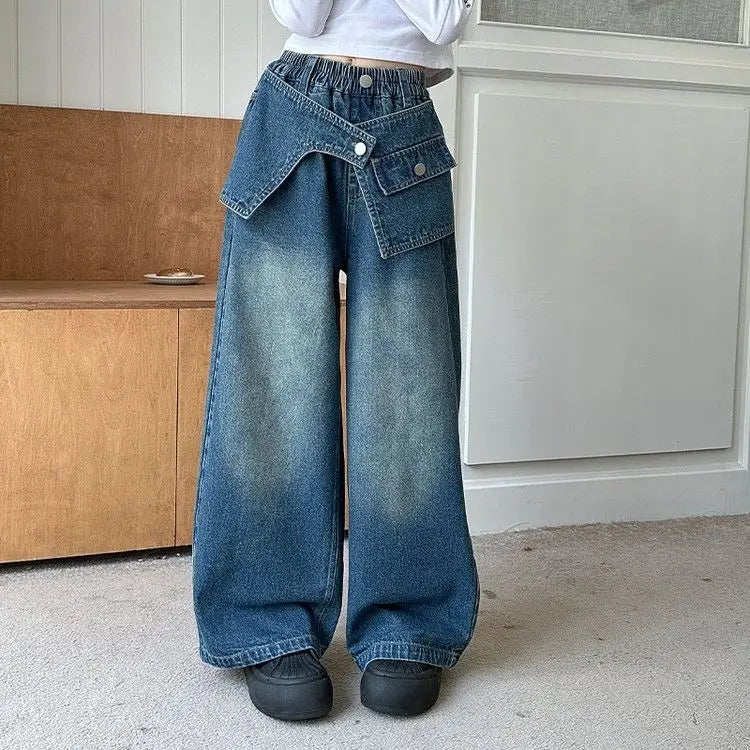Autumn Trendy Korean Style Flared Jeans for Girls - Medium & Large Kids, Ruffled Long Pants for Junior High Students