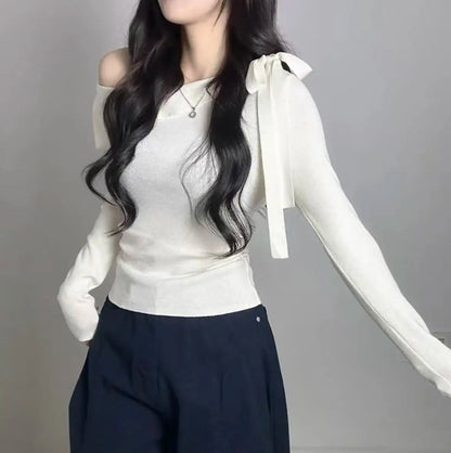 Women's Knitted Sweater Chic oulder Bow Design Long Sve Sweet Inner Wear Base irt Korean Sle Faionable Top