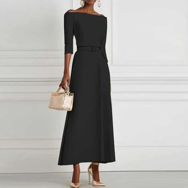 Elegant Party Dresses For Women One Shoulder Half Sleeve High Waisted A-Line Long Dress Women Offfice Dress White (Available)