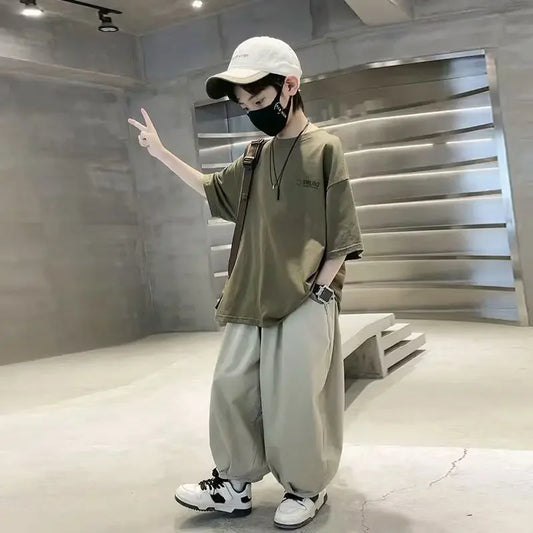 New Teenage Children's Clothing Big Boys Summer Cotton Set Summer Loose Boy Handsome T-shirt+ Lantern Pants Set Outfits