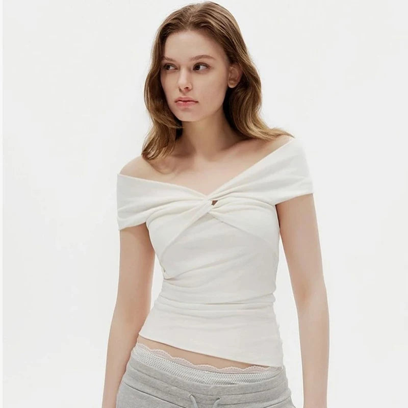 Faionable Pure Color Knot Fold over One oulder ort Crop Top T-irt Street Sle Slim Fit Polyester Summer New Arrival