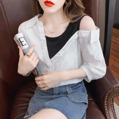 Sexy oulder Bared Fake Two-Piece irt Women's Summer New Faion Small Design ort Sve Top Korean Sle Loose Fit
