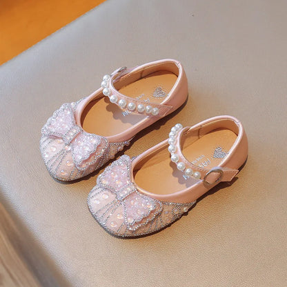 Children's Leather Shoes Bling Sequins Bowknot Princess Shoes for Girls Sweet Chic Kids Causal Wedding Shoes Shallow Versatile