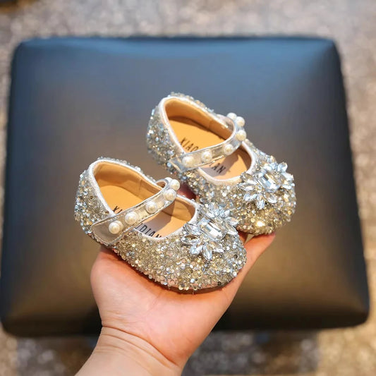 Toddler Kids Princess Shoes Shiny Crystal Girls Flats Sweet Glitter 2025 New Fashion Baby Walking Shoes Soft Bottom Non-slip