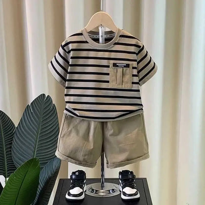 Boys' summer outfit set Summer short sleeved shorts New children's striped baby two-piece set