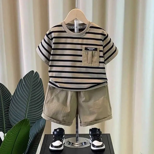 Boys' summer outfit set Summer short sleeved shorts New children's striped baby two-piece set