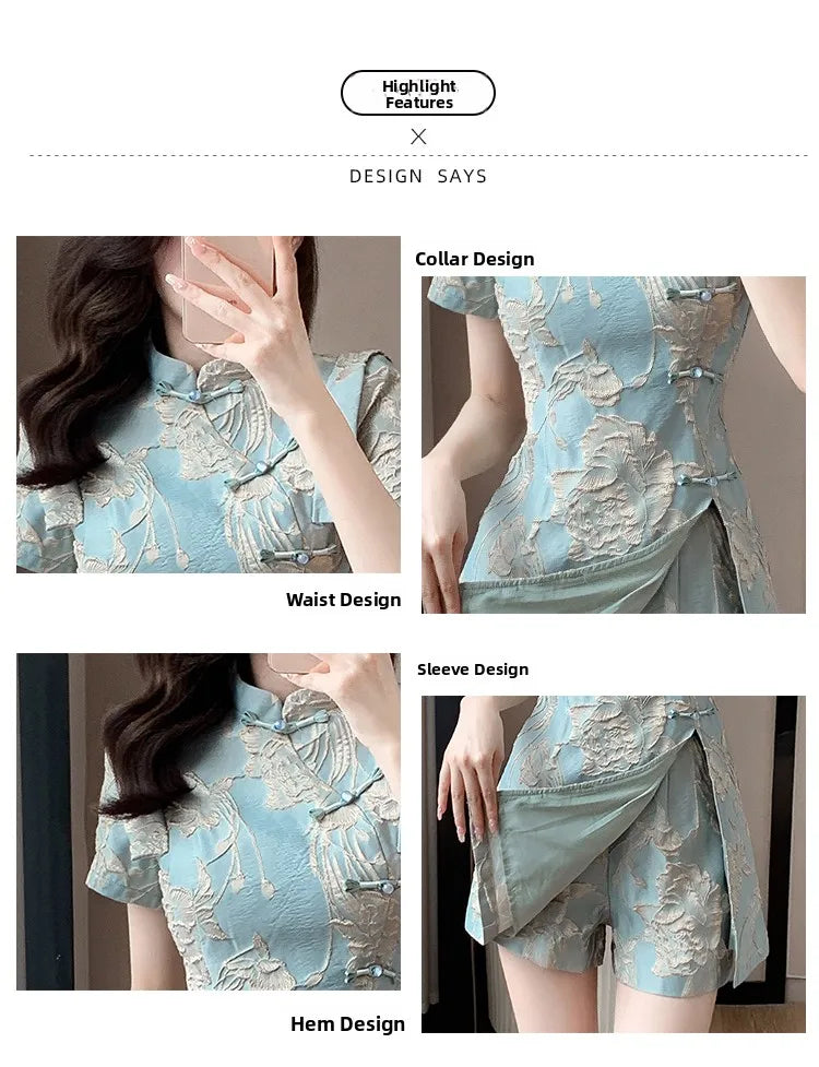 Faionable  Outfit Stand Collar Side Button Mid-Length irt orts Two-Piece Set New 2025 Versatile Nylon Material