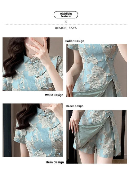 Faionable  Outfit Stand Collar Side Button Mid-Length irt orts Two-Piece Set New 2025 Versatile Nylon Material