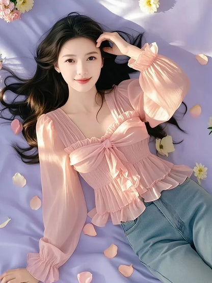 2025 Spring New Shirts Solid Color Ruffles Crop Tops Square Collar Flare Sleeve Pleated Blouses Female Slim Sweet Women Clothing
