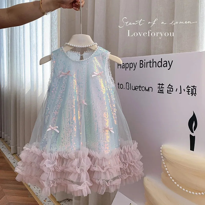 Girls' Dress, Summer New Style, Children's Butterfly Sequin Vest High-end Princess Baby Girl Dress