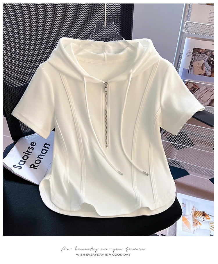 Summer New Women's Zipper Hoodie ort Sve T-irt Pure Cotton Slim Fit ort Fibone Top Korean Sle Commute Faion