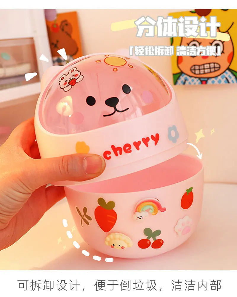 Mini Desktop Trash Can Organizer Cute Bear Multifunction Creative Cosmetic Bucket with Lid Pen Holder Kawaii Stickers Patchers