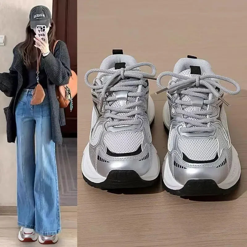 Dad Sneakers Women's Spring Summer 2025 New Style Versatile White Thick Bottom Heightening Running Sports Shoes