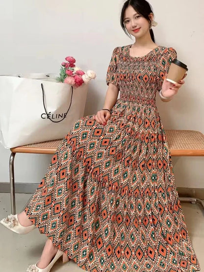 Summer New Cotton Silk Dr Casual High Waist Floral Print Beachwear Outerwear Slimming Waist Long Skirt A-Line Gown