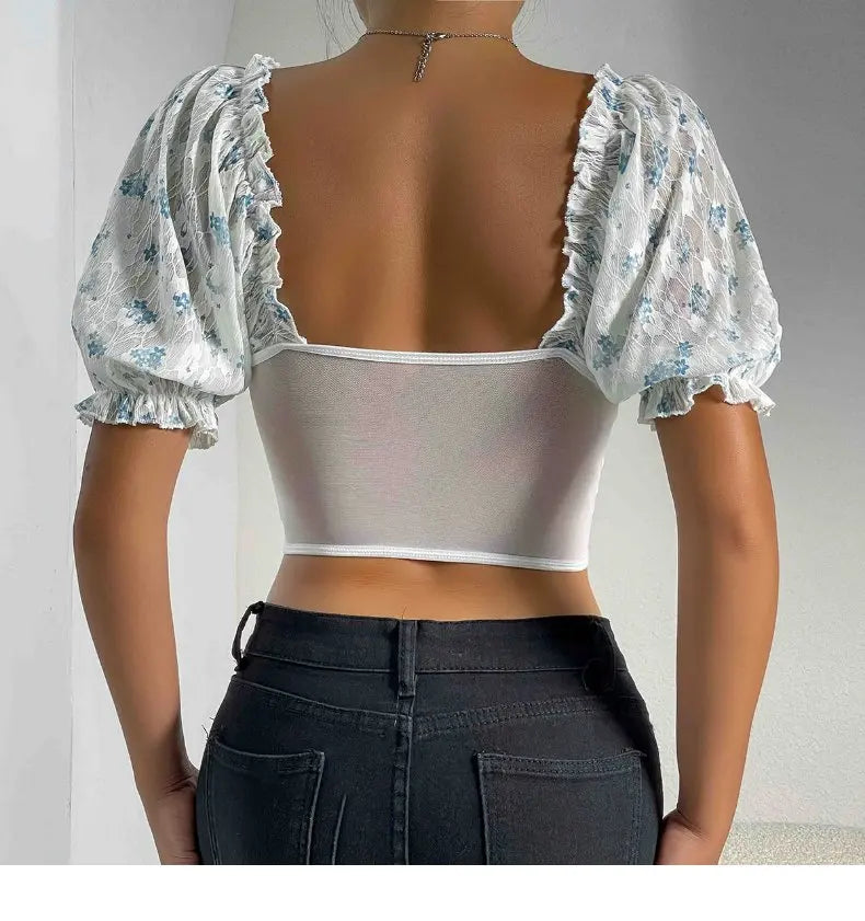 New Sle See-tough Lace Splice Fibone Little Vest ort Sve Women's T-irt Floral Sve European Sle Summer Top