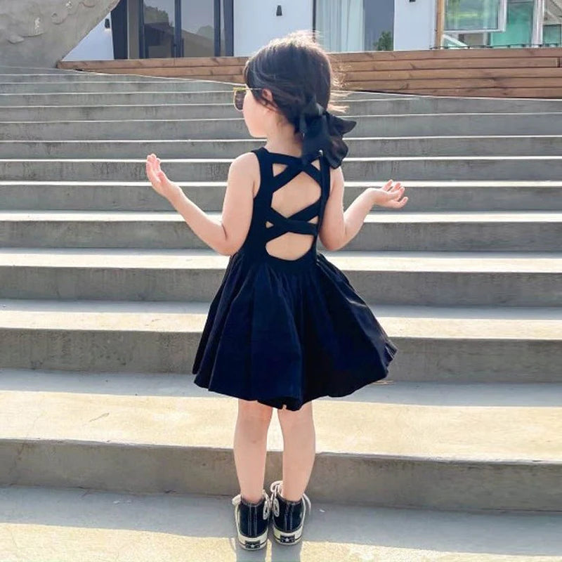Summer Girls Elegant Goth Dresss Black Sleeveless Tutu Dress Backless Off Shoulder Party Kid Dresses 2 4 5 6 7 8 Years Old
