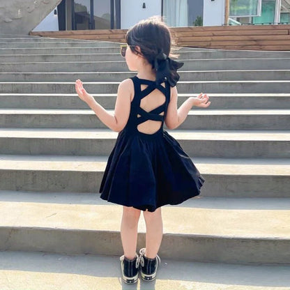 Summer Girls Elegant Goth Dresss Black Sleeveless Tutu Dress Backless Off Shoulder Party Kid Dresses 2 4 5 6 7 8 Years Old