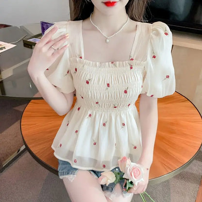 All-match Flower Printing Square Collar Shirring Chiffon Summer Pullover Puff Short Sleeve T-shirt Casual Women's Clothing Tops