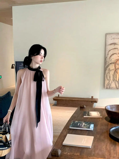 Women's Pink Halter Neck Maxi Dress With Black Bow Detail Sheer Chiffon Flowy Resort Party Dress